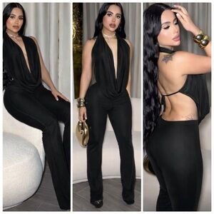2PCs Draped Halter Pant Set BLACK